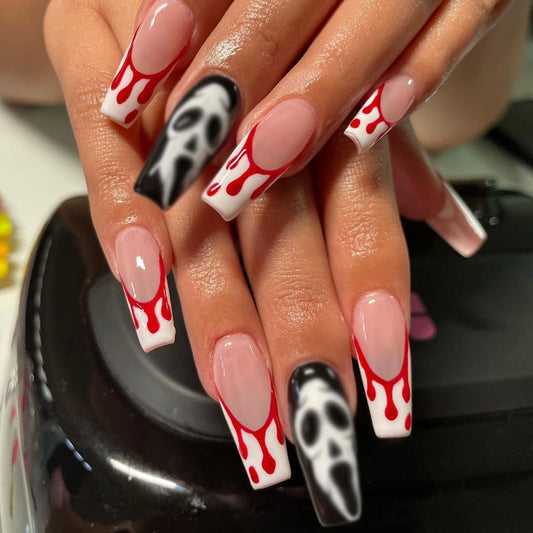 Halloween Press on Nails Long Coffin Fake Nails Horror Ghost Blood False Nails White French Tip Design Stick on Nails Artificial Reusable Full Cover Acrylic Glue on Nail for Women Manicure 24Pcs