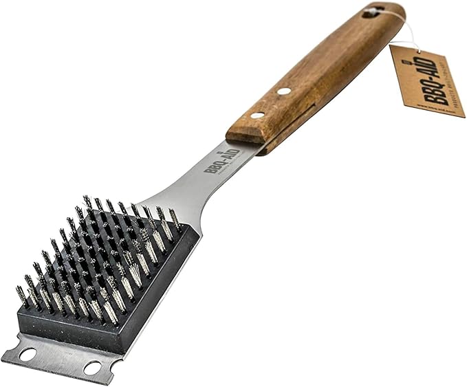 BBQ-Aid Grill Brush and Scraper for Barbecue â Grill Brush for Outdoor Grill with Extended, Large Wooden Handle and Replaceable Stainless Steel Bristles Head âNo Scratch- BBQ Grill Brush for Any Grill