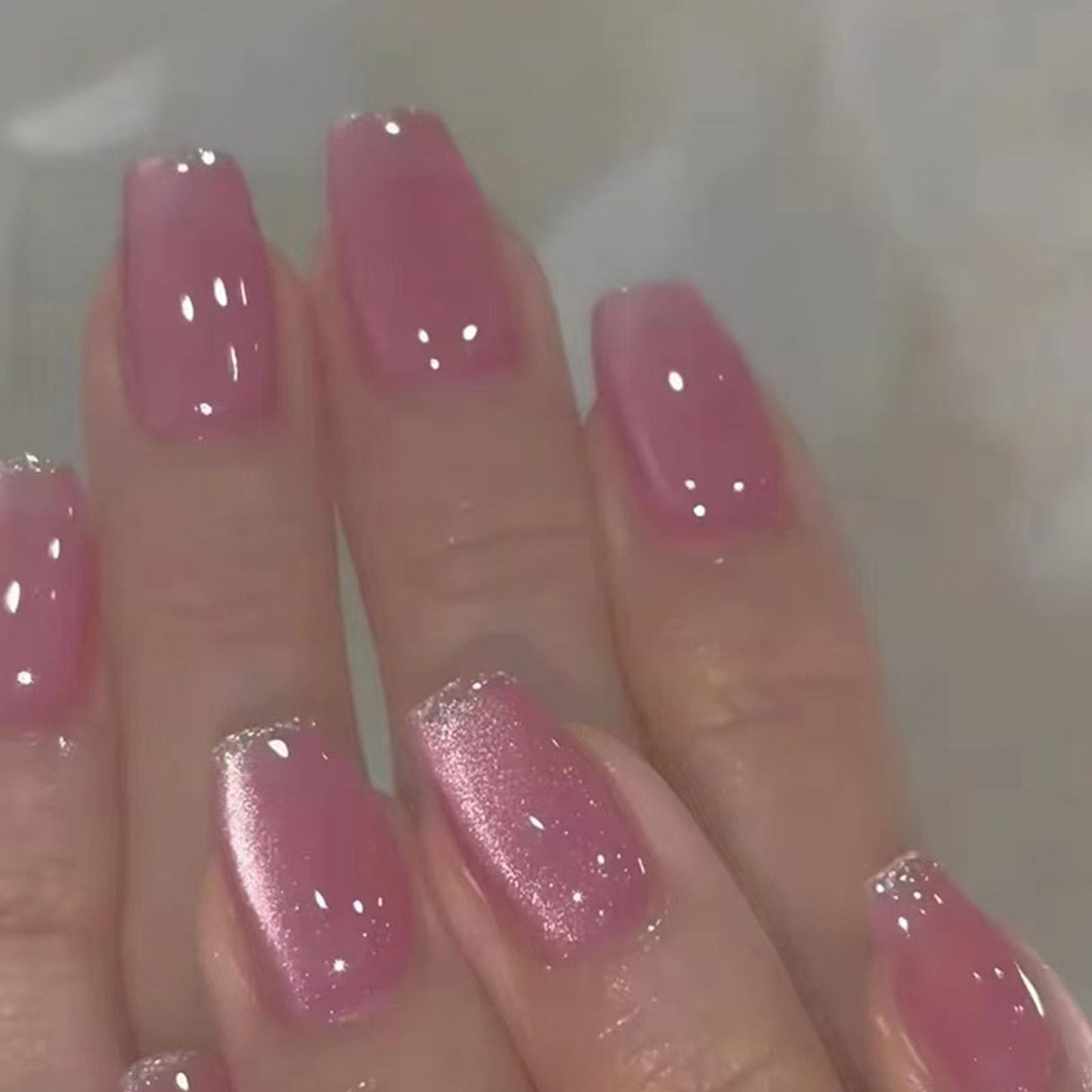 Pink Press on Nails Short Fake Nails with Glitter French Tip Designs Coffin Nails Press ons Cat Eye Glue on Nails Glossy Acrylic Nails Daily Wear Natural Stick on Nails for Women 24Pcs