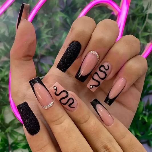 Coffin Press on Nails Medium - Black French Tip with Snake Design - Rhinestone, Glitter, Glossy Full Cover False Nails - for Women 24 Pcs
