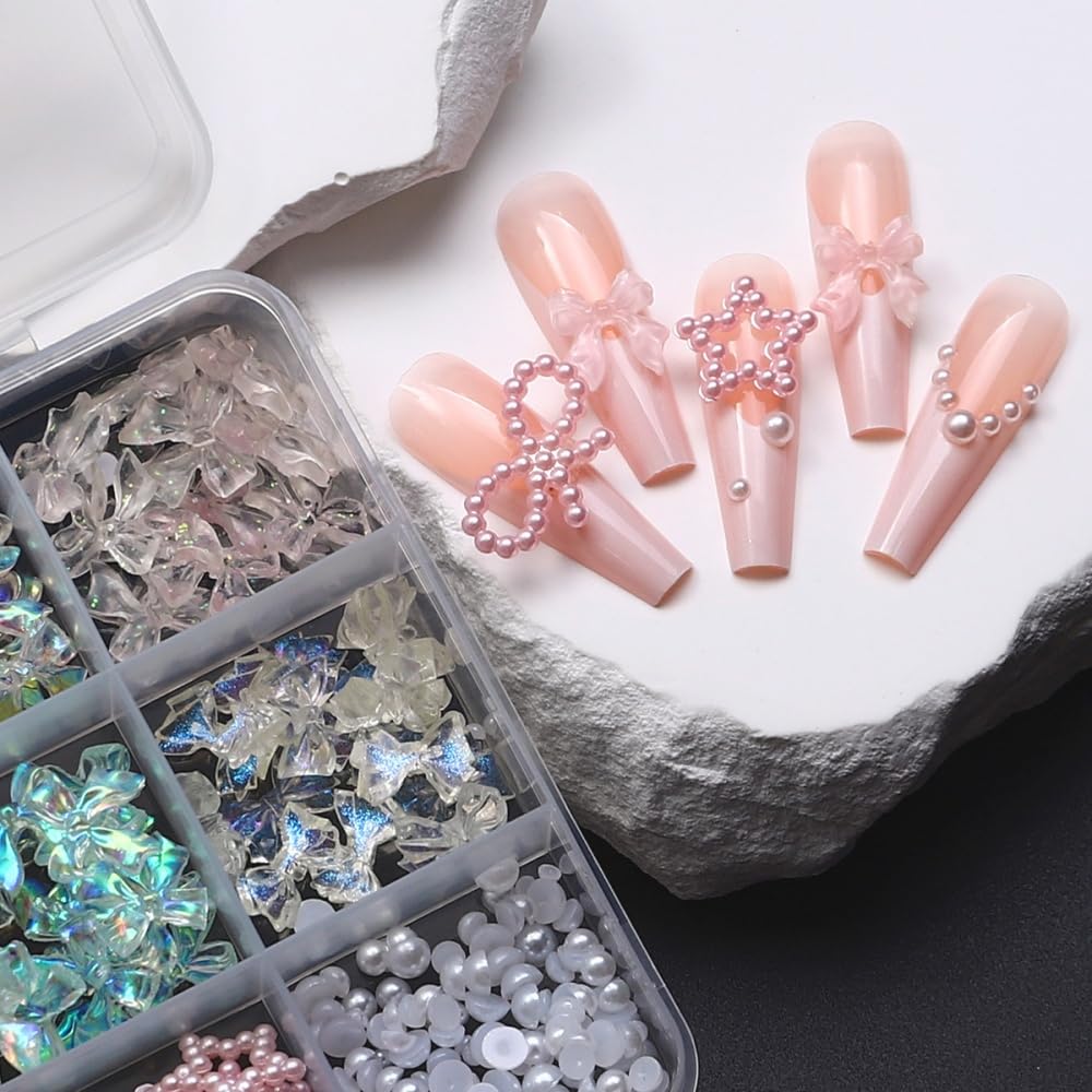Bow Nail Charms 3D Resin Pink Pearl Circle Nail Gems Cute AB Crystal Clear Bowknot Nail Jewels Star Rhinestones Nail Art Supplies for Women DIY Acrylic Nail 12 Grids 1 Box 12 Styles