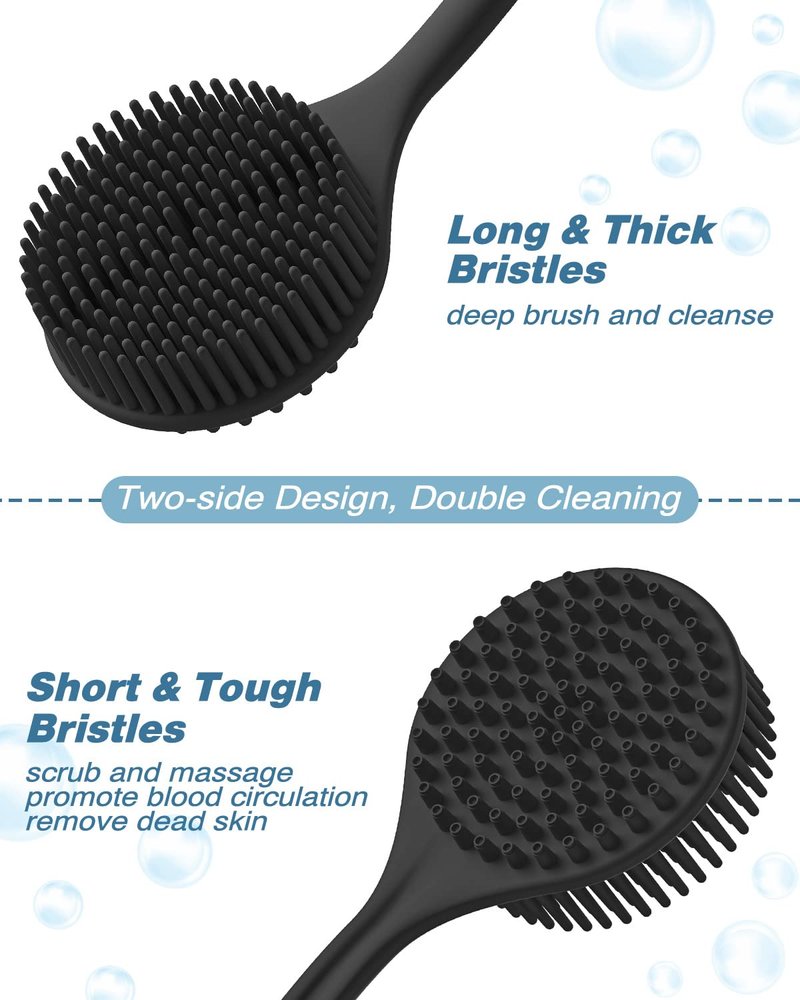 Manmihealth Silicone Back Scrubber & Soft Shower Brush, Silicone Scalp Massager, Wooden Foot Files Brush Set 7 PCS, Whole Body Scrubber & Shampoo Brush Combination, with 4 Free Hooks (Style 2 Black)