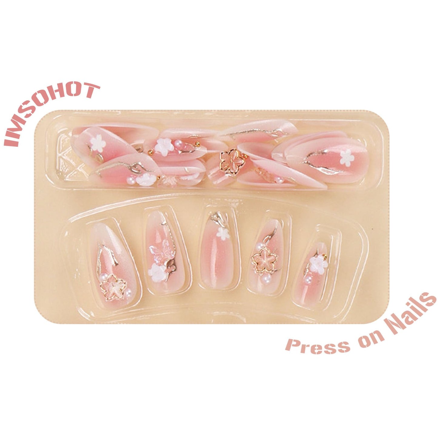 IMSOHOT Press on Nails Medium Almond Fake Nails Pink Ombre Glossy Glue on Nails Full Cover 3D Golden Flower Stick on False Nails for Women Girls 24Pcs