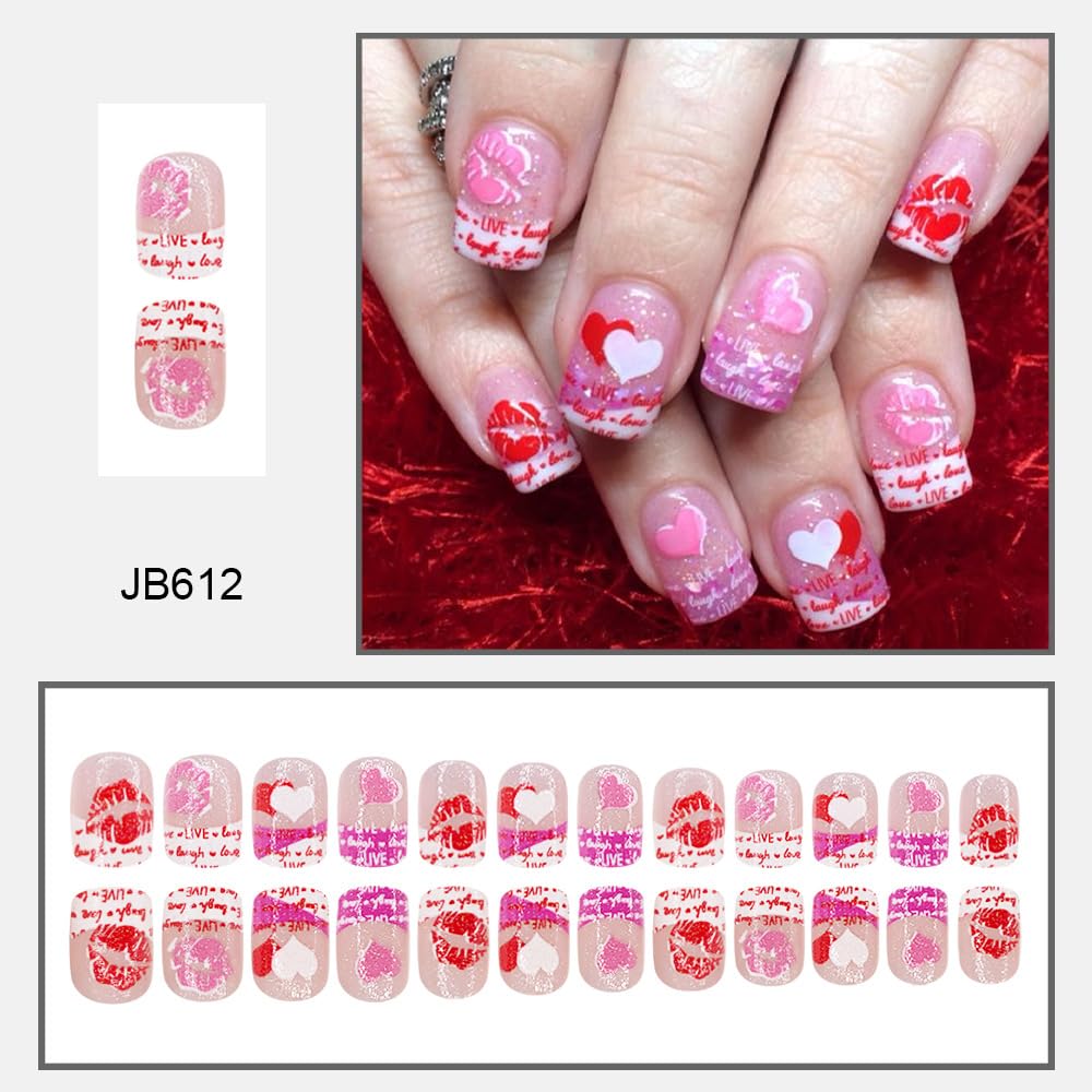 24Pcs Valentine's Day Press On Nails Short CEWEWP Square Fake Nails with Letter Heart Red Lips False Nail Full Cover Artificial Glue on Nail Valentines French Tip Stick on Nails for Women DIY