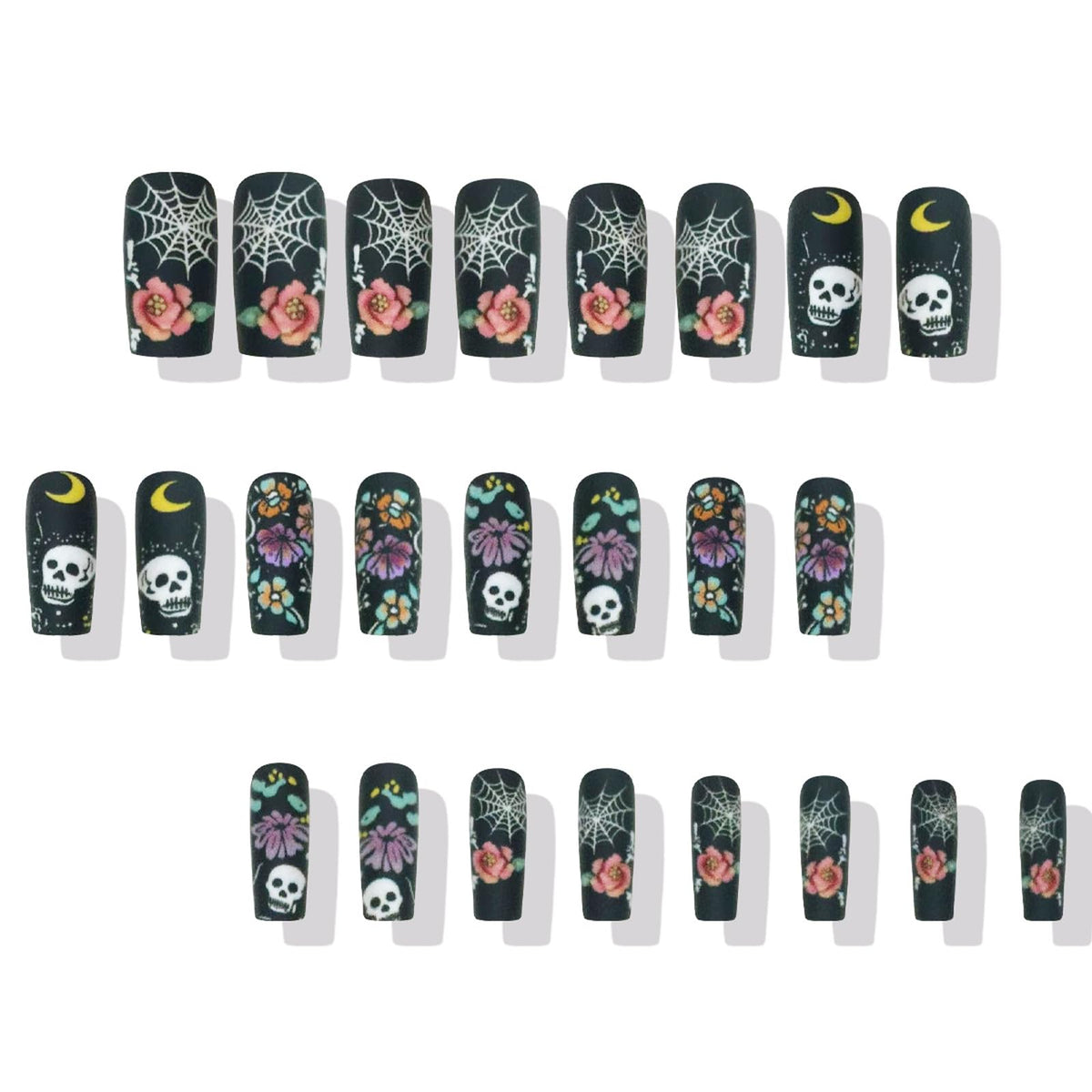 IMSOHOT Halloween Press on Nails Long Square Fake Nails Matte Black Acrylic Full Cover False Nails with Flower & Skull Designs Goth Punk Glue on Nails for Women DIY Manicure