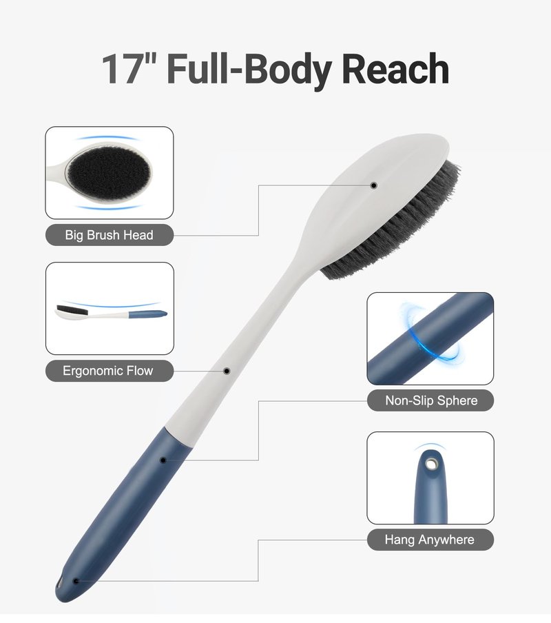 surlees Back Brush for Shower for Men & Women 17" | Body Brush for Wet & Dry Brushing | Exfoliating Body Scrubber & Back Scrubber | Shower Brush with Long Handle (Gray, Scrub Force 6-8)