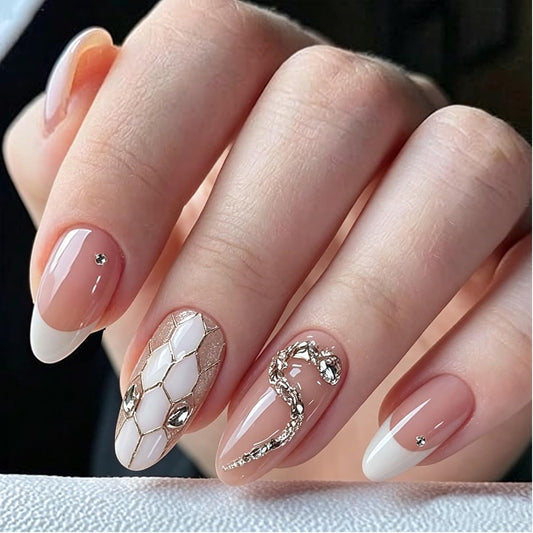 24Pcs French Tip Press on Nails Snake design Element Fake Nail Medium Almond False Nails Acrylic Full Cover Fake Nail Kit Glossy With Rhinestones Artificial Fale Nails For Women And Girls Manicure