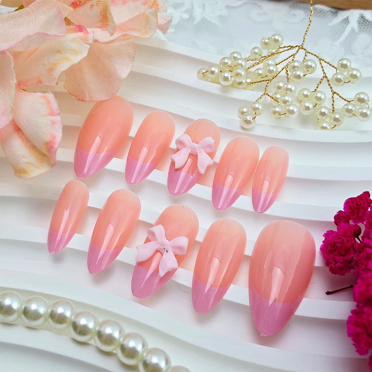 24Pcs Pink French Tip Press on Nails Short Almond Fake Nails with 3D Bow Gems Design Pink Glue on Nails Glossy Full Cover Cute False Nails French Tip Artificial Acrylic Nails Decoration for Women DIY