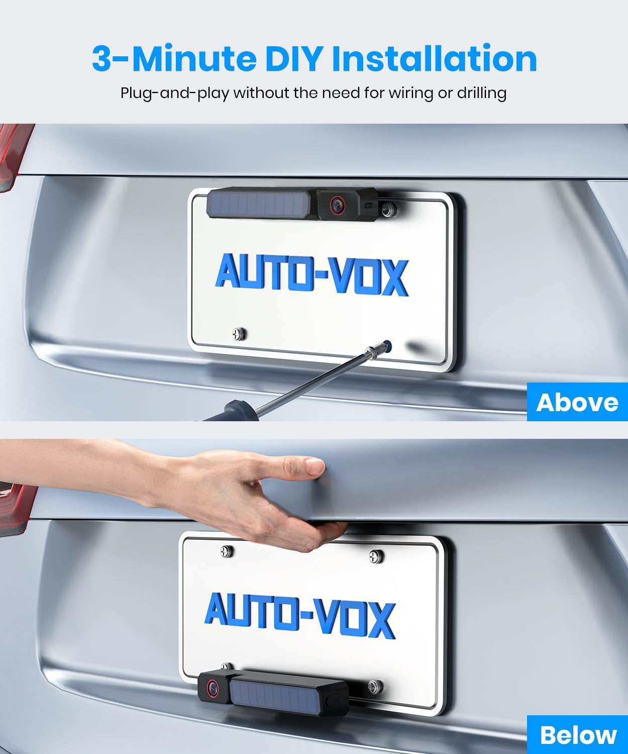 AUTO-VOX Solar Wireless Backup Camera:5" 1080P HD Monitor3-Minute Easy to Install & 5000mAh Battery Powered Back Up Camera SystemIP69K Waterproof Wide Angle Reverse Camera for Car Truck Trailer Vans