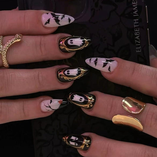 Halloween Press on Nails Short Fake Nails with Ghost Bat Design Almond Nails Glitter False Nails Halloween Full Cover Cute Stick on Nail for Woman Tool Kit Nail 10pcs (MT-151-L)