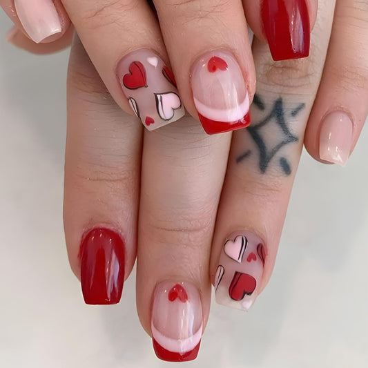 FIEONCIY Press on Nails Short Square Glossy Full Cover Acrylic Short Square False Nails with Heart Designs Artificial Square Fake Nails Glue ons Fingernails for Women Girls(YS513)