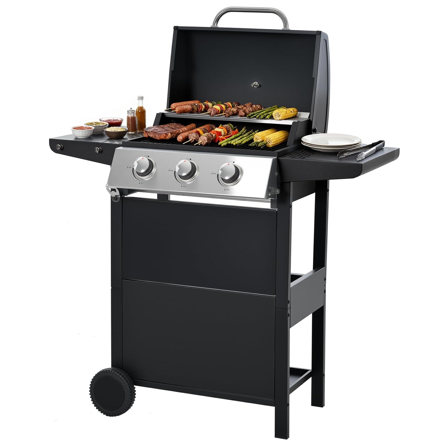 EUHOME Stainless Steel 3-Burner Gas Grill, 25650 BTU Outdoor BBQ Grill with Side Table, 338 sq.in Cooking Area, Perfect for Patio, Deck & Family Barbecues