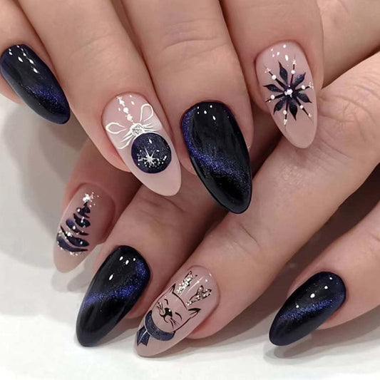 Winter Xmas Press on Nails Medium Almond Fake Nails Black Christmas Nails Press ons with Snowflake,Xmas Tree Design,Reusable Artificial Nail Full Cover Stick on Nails for Women Manicure 24 Pcs