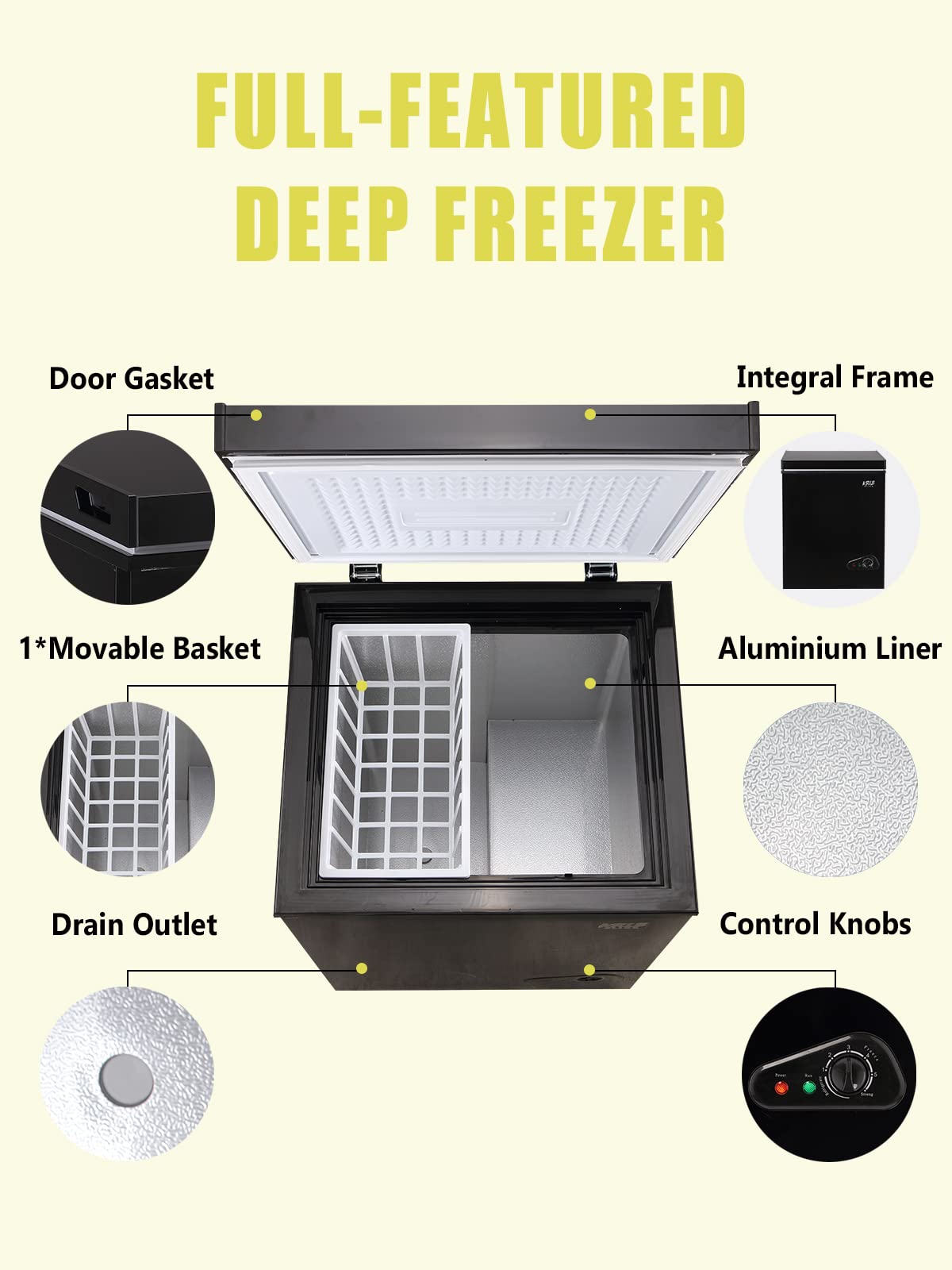 Krib Bling 3.5 Cu.Ft Freestanding Chest Freezer with a Removable Basket, 7 Gears Temperature Control (-18F to -46F), Deep Freezer for House, Garage, Kitchen, Basement, Shop, Black