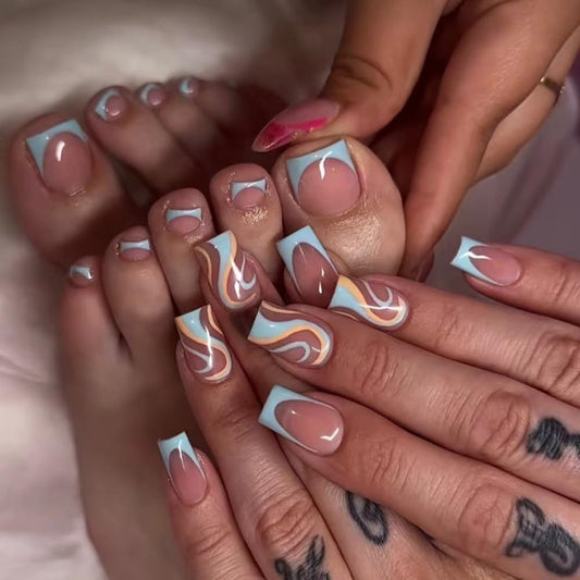 CTTHNBD Medium Press on Nails Square & Press on Toenails Set, Blue French Tip Fake Nails with Swirl Design - for Women 48 Pcs