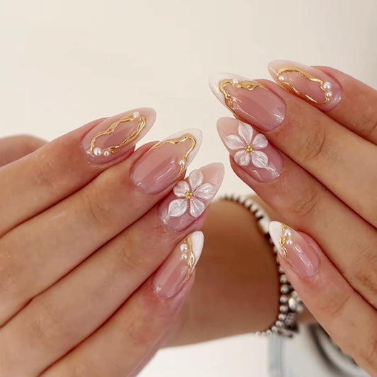 CTTHNBD Medium Press on Nails Almond - White French Tip Fake Nails with Flower Design - Gold Stripes Stick on False Nails - for Women 24 Pcs