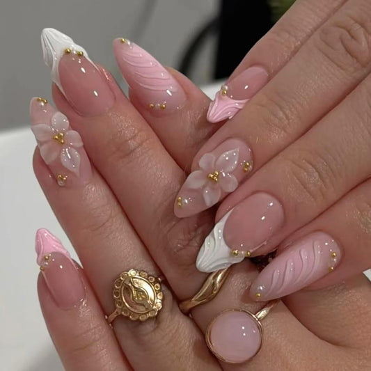 Handmade French Tip Press on Nail Almond Fake ons with Designs Chrome False Nails Long Glossy Full Cover Glue on Nails Stick Women Nails Manicure Decoration 10Pcs (MT-169-M)