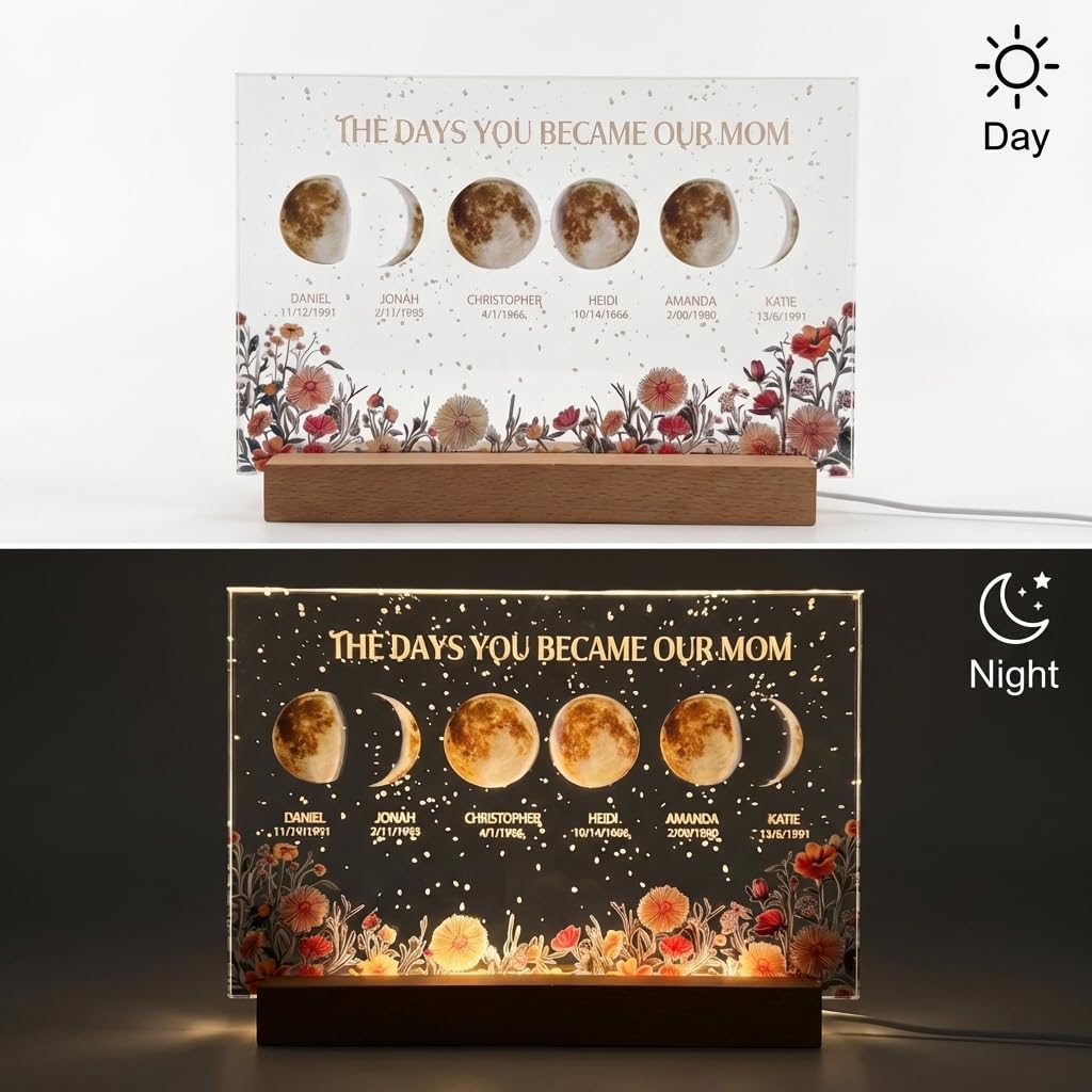 Custom Moon Phase Photo Frame with Night Light Personalized Moms Sky Moons Light Box with Kid's Name Birthdate Gift For Mother's Day Mom Grandma Anniversary Birthday (Acrylic Plaque, Moon & Flower)