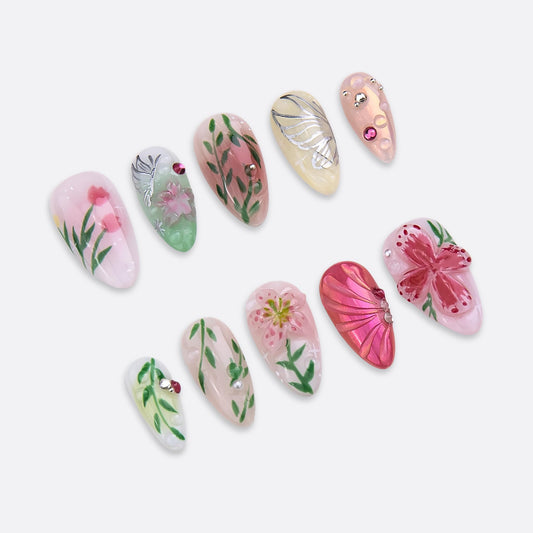 SIYOU Beauty | Radiant Garden | Pink and Green Floral Short Almond Press On Nails for Women (Large) - Reusable, Salon-Quality Fake Nails (10pc)