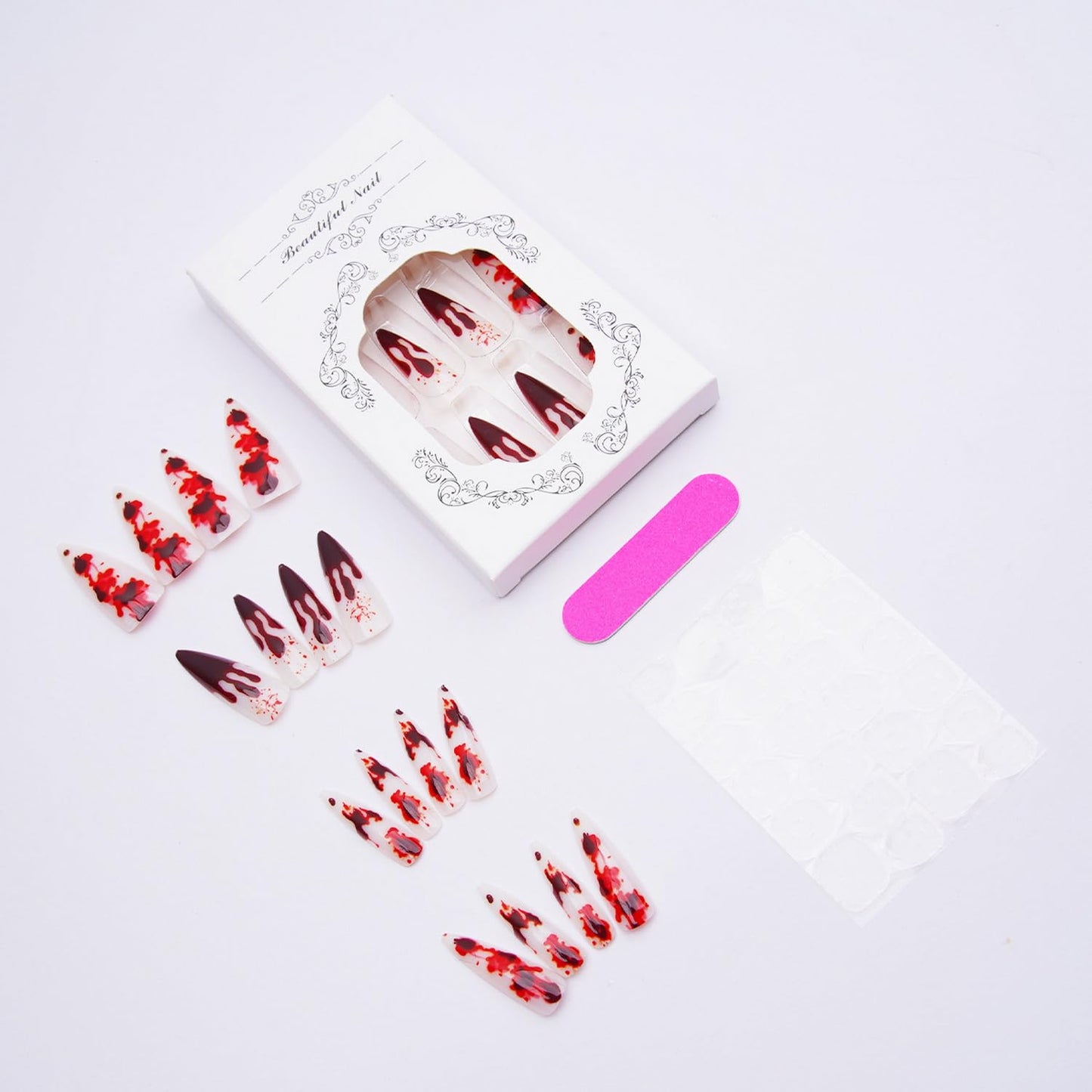 24pcs Halloween Press on Nail Extra Long Fake Nails Stiletto with Bloody designs Spooky False Nails Glossy Full Cover Acrylic Stick on Nail Reusable Party Finger Manicure for Women Girls Glue on Nails
