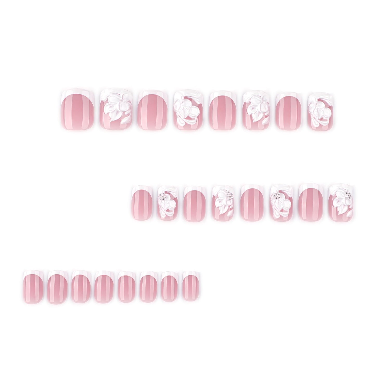 OCOUYVD 24 Pcs 3D Flower Press-on Nails White French Tip False Nails Embossed Floral Steel Ball Designs Spring Short Square Glossy Acrylic Nails Full Cover Stick-on Nails for Women Nail Art