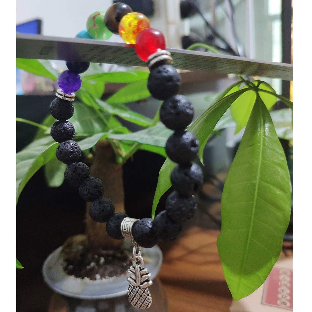 JczR.Y Seven Chakra Gemstone Bracelet Handmade Lava Rock Stone Beads Bracelet Stretch Adjustable Pineapple Charm Natural Healing Crystal Stones Yoga Prayer Fashion Jewelry(Lava Rock Chakras)