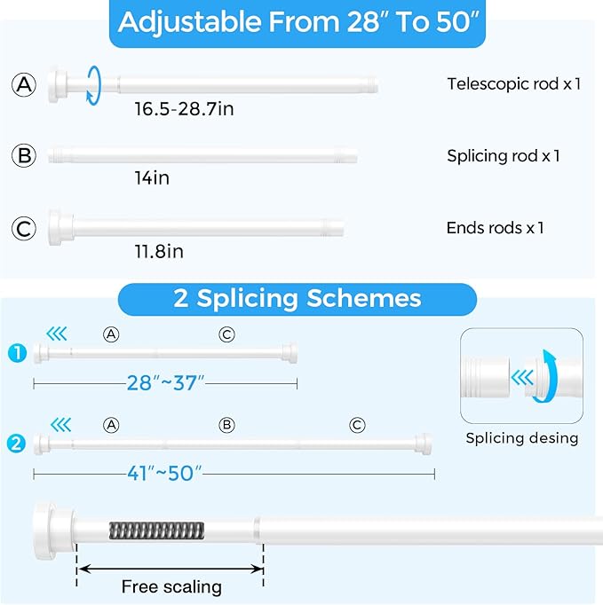 2-Pack White Shower Curtain Rod 31-49 Inch - Shower Tension Rod for Bathroom, Closet, Window, Room Divider, Adjustable Small Shower Rod, Easy Installation, No Drilling