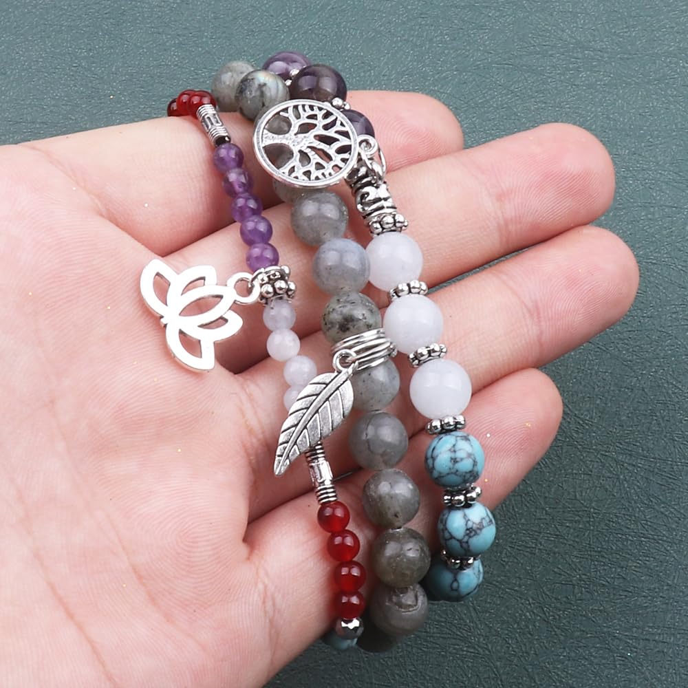 UEUC Natural Gemstone Chakra Bracelets for Women, Multilayer Tree of Life Lotus Crystal Healing Stone Bracelet Sets, Yoga Meditation Reiki Relax Bracelets for Stress Relief(#105)