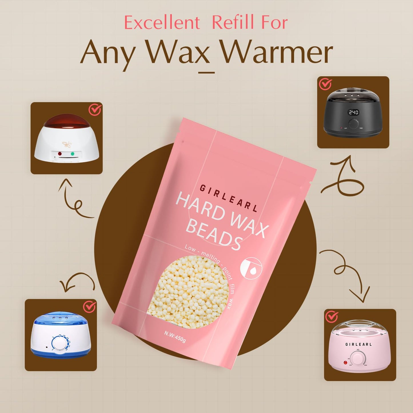 GIRLEARLE Hard Wax Beads, 1lb Wax Beans for Hair Removal, Hard Wax for Sensitive Skin at Home, Wax Refill Perfect for Eyebrow, Facial, Brazilian Bikini, Legs and Full Body for Women and Men (Cream)
