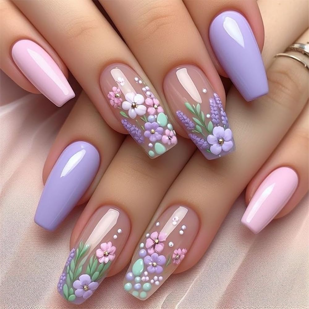 Spring Purple Floral French Press on Nails Medium Ballet Fake Nails 3D Floral False Nails with Purple and Pink Design Glossy Spring Stick on Nails for Women Girls Manicure Decoration 24 pcs
