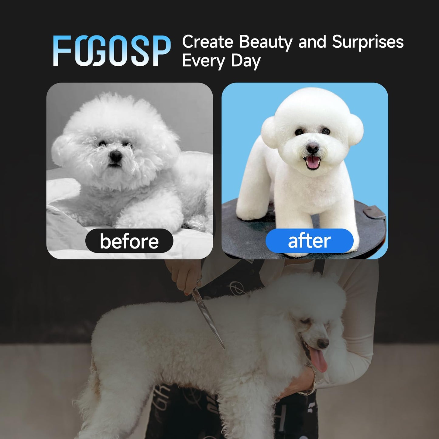 FOGOSP Dog Grooming Scissors Kit 7 in Professional Curved Thinning Straight Chunkers Shears 4Pcs Kit for Grooming Dogs Cat Pet Japanese 440C Stainless Steel(7.0'',Kit)