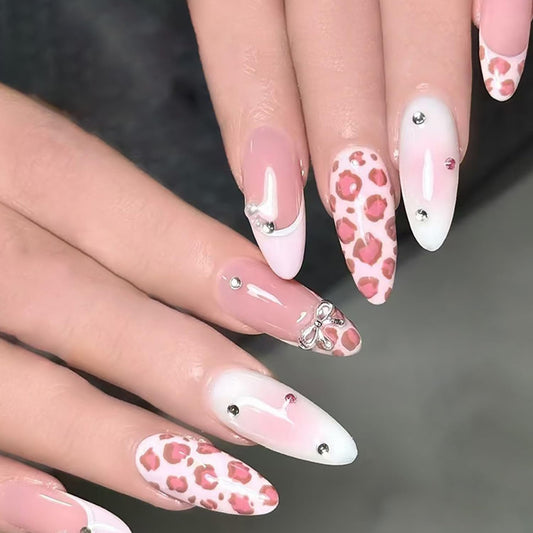 Nude Pink Press on Nails Medium Almond Artificial Acrylic French Tip Fake Nails Pink Leopard Print with Silver Bow Rhinestones Stick on Nail Artificial Fingernails Press Ons Nail for Women Manicure