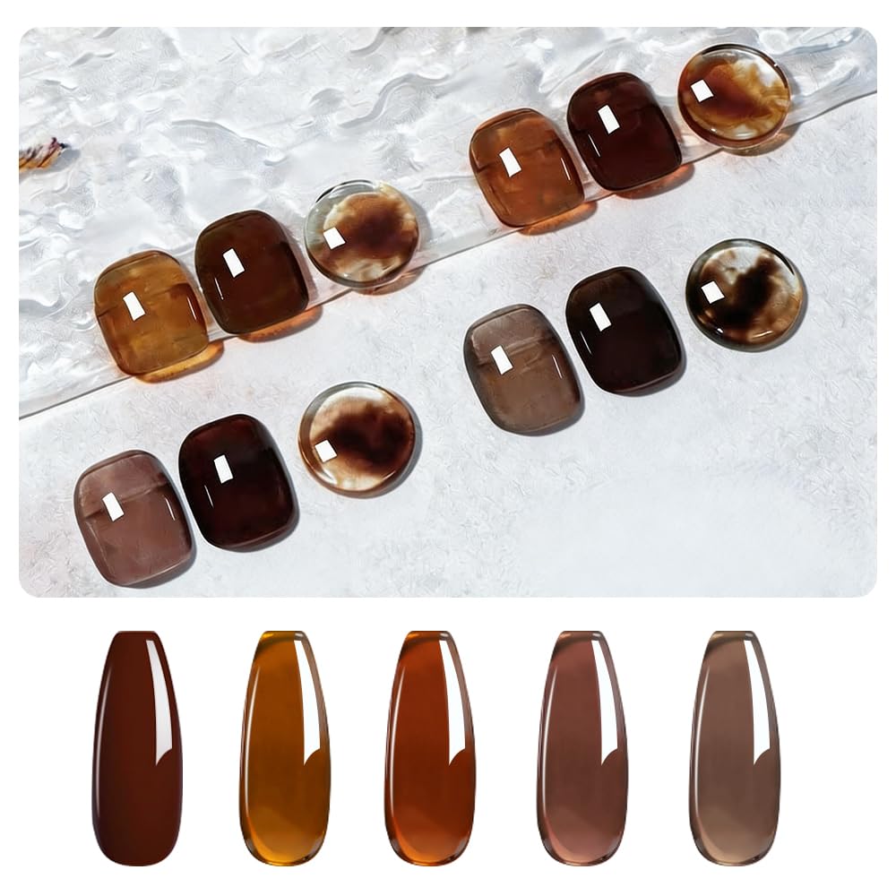2Pcs Tortoiseshell Amber Gel Nail Polish Set - Brown Caramel Soak Off UV Gel Polish, Long Lasting, Trendy Fall Winter Nail Art Kit (Amber Brown 04)