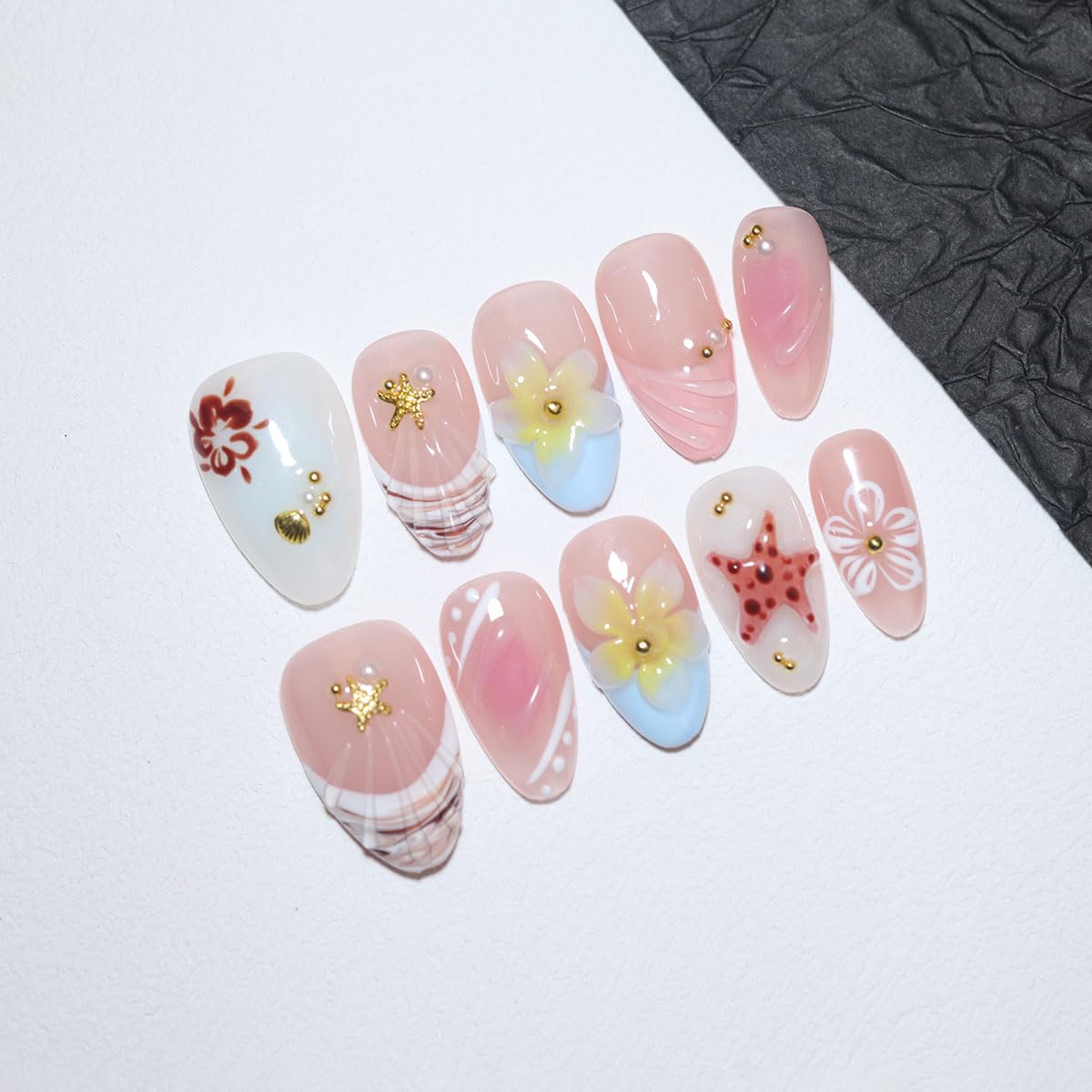 10 Pcs Short Almond Handmade Press On Nails | French Tip with Silver Starburst & Rhinestone Accents | Reusable, Easy to Apply & Remove, Salon-Quality Manicure (RR08, XS)