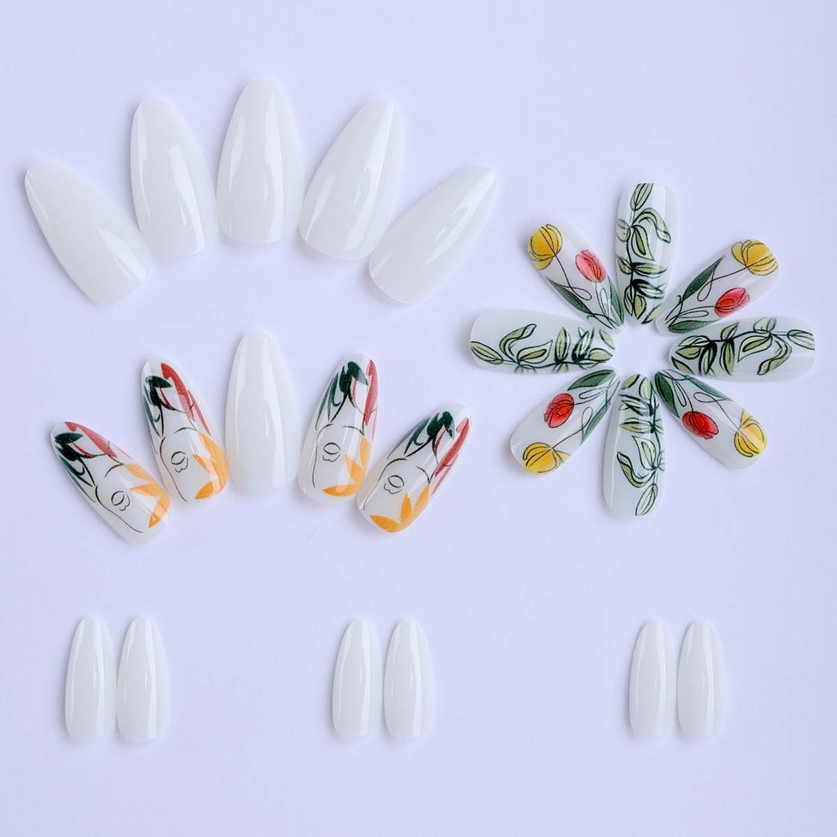 LINMEIZAI 24 Pcs French Press on Nails Short Almond Y2K Fake Nails Press ons Nail Tips Glue on Nails Acrylic Nail Kit with Floral Abstract Line Art Design False Nails Stickers Nail Art for Women