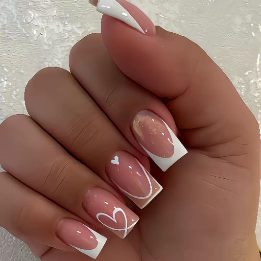 Square Press on Nails Medium - White French Tip with Heart Stripes Design - Glossy Full Cover Stick on False Nails - for Women 24 Pcs