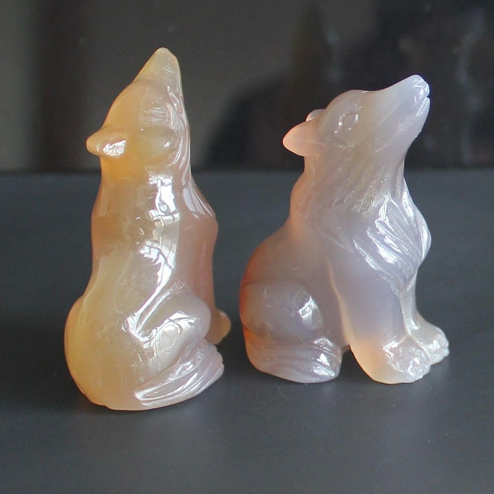 HLbshi Hand Carved Gemstone Crystal Wolf Figurine Animal Statue Carving Office Home Decor Collections 2'' (Gray Agate)