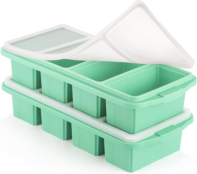 Silicone Freezer Tray With Lid - Silicone Freezer Food Molds- Large Ice Cube Tray,Silicone Freezer Container,Freeze & Store Soup, Sauce, Broth,Leftovers - Makes 4 Perfect 1 Cup