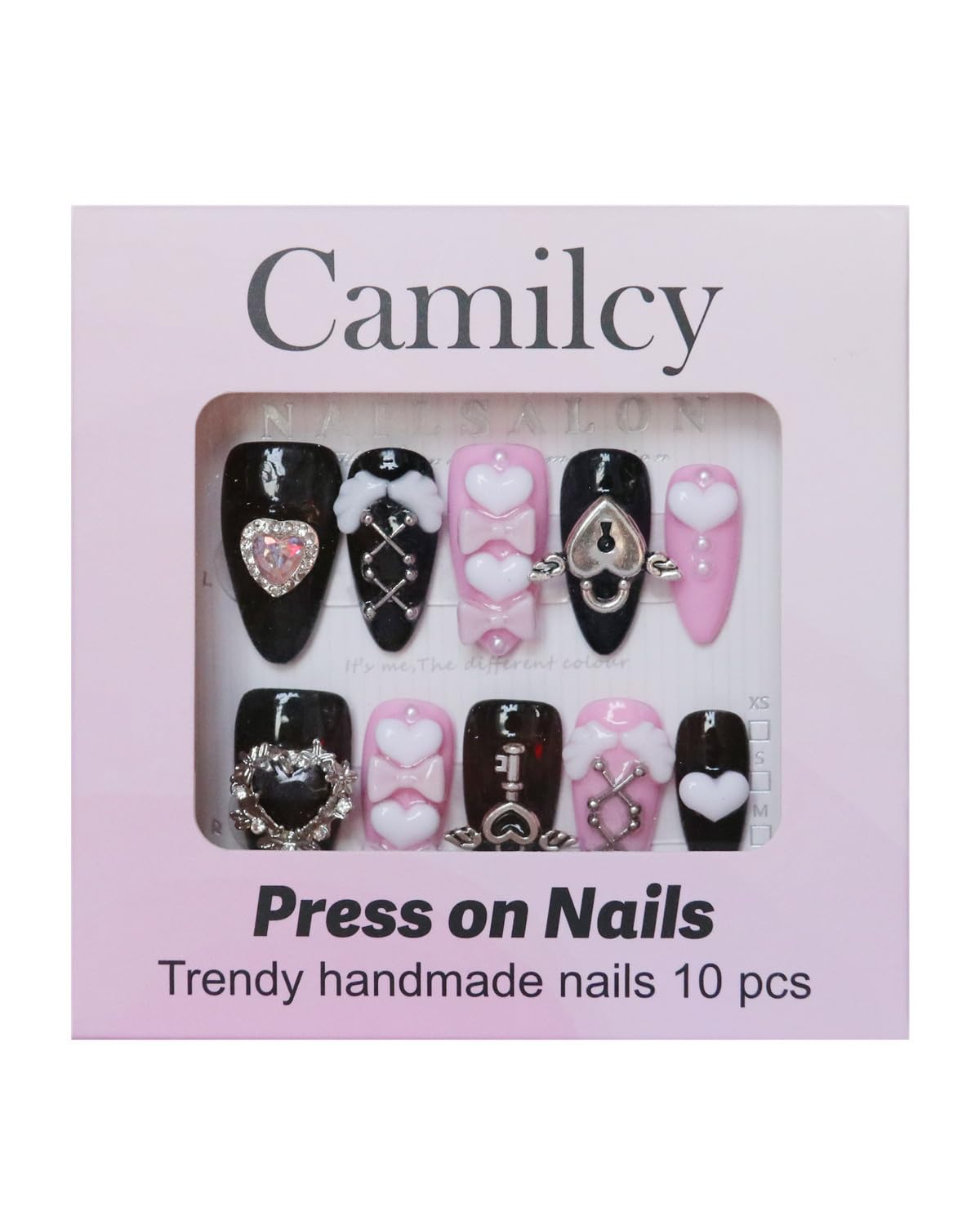 CAMILCY Luxury Handmade Press on Nails Pink Black Almond Short Gothic Heart Cross Charms Long Fake Nails Glossy Full Cover Reusable Acrylic Nail Tips for Women 10pcs (A080, S)