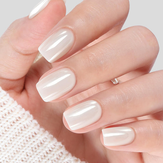 UNA GELLA Press On Nails Short: Chrome White Soft Gel Press Ons Kit with Nail Tips Glue on Nails, 16 Sizes - 32 Reusable Chrome Holographic Fake Nails Kit, Nude White