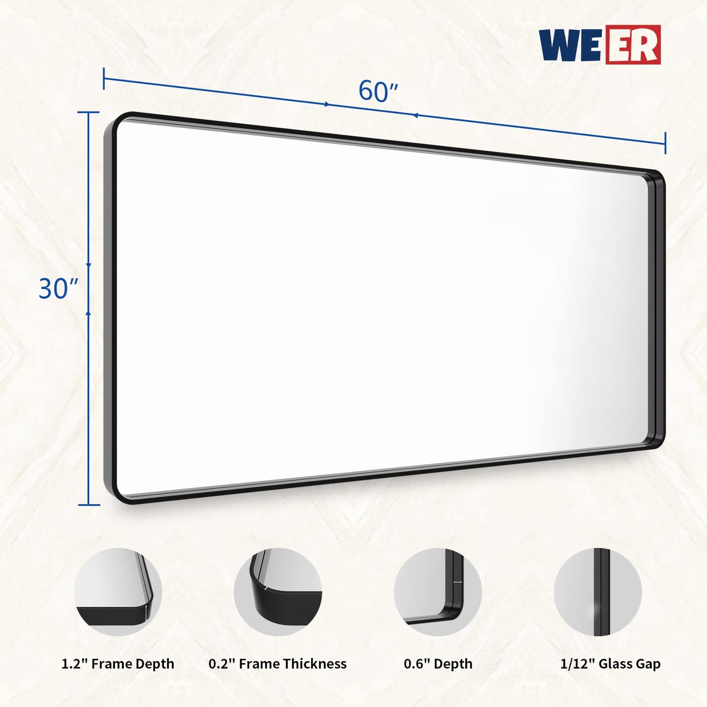 WEER Black Bathroom Mirror for Wall 60X30 Inch, Rectangular Black Metal Framed Vanity Mirror, Farmhouse Matte Black Mirror with Tempered Glass, Rounded Corner, Anti-Rust (Horizontal/Vertical)