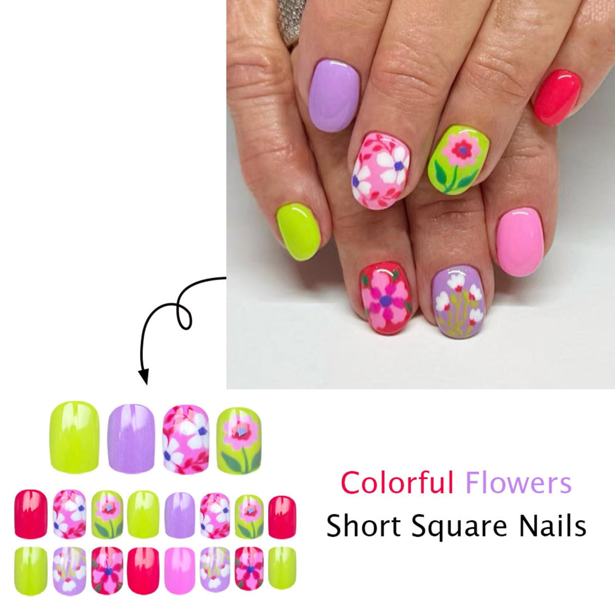 Floral Short Oval Press on Nails Bright Multi-color Base Pink Purple Green Red Floral Accents Glossy Finish Reusable Spring Nails Easy Apply Party Wear Durable Trendy Women Girls Nail Art 24 Pcs