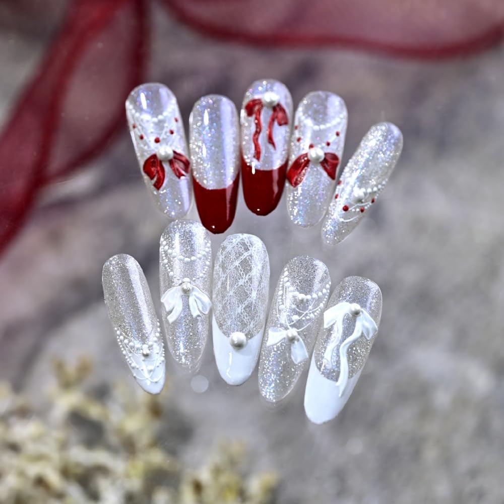 Bow Nail Stickers 5D Embossed White Bowknot Nail Art Stickers 3D Self-Adhesive Laser Ribbon Nails Supplies White Bead Necklace Nail Decals Stickers Cute Nail Designs for Women DIY Manicure 1 Sheet