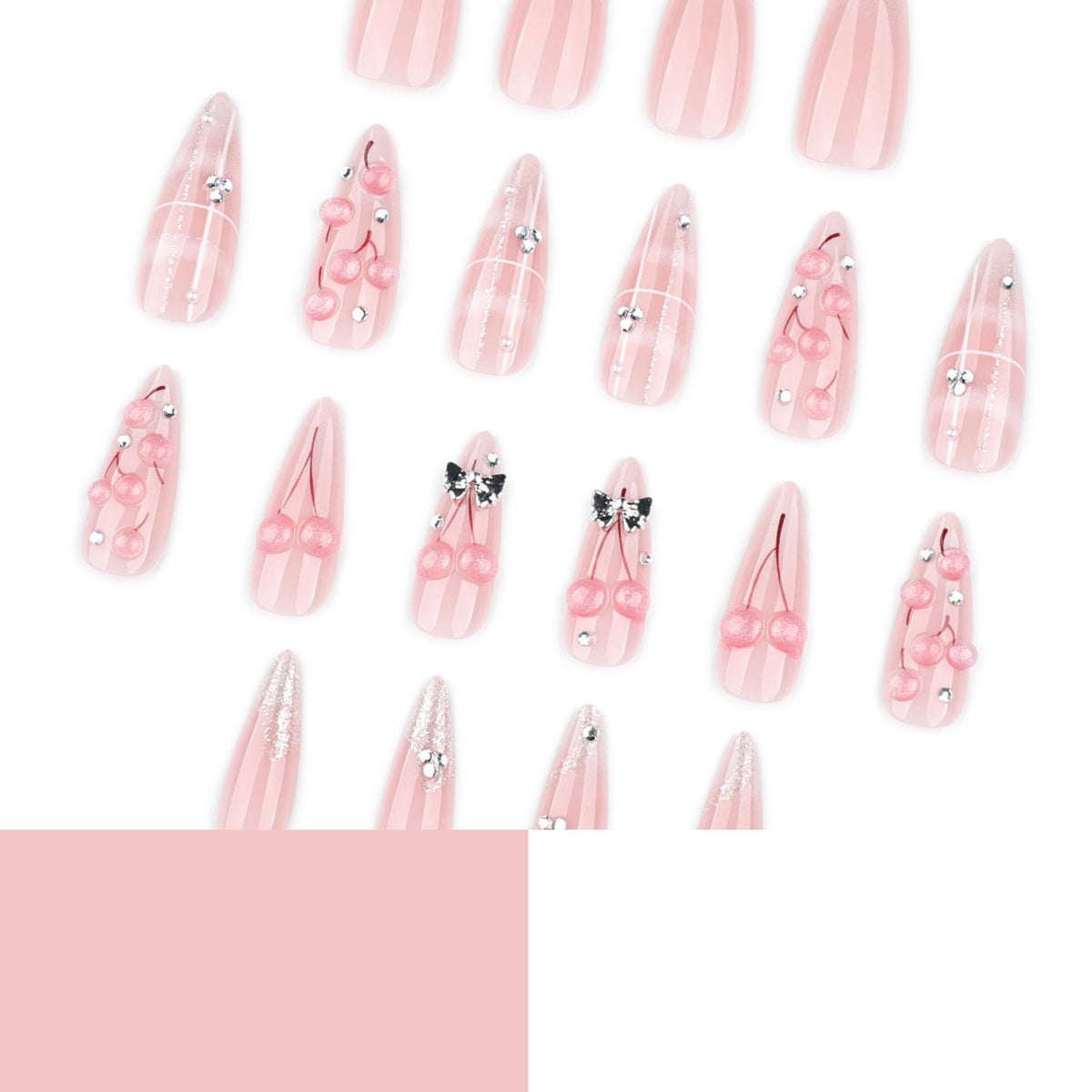 Long Press on Nails Almond Fake Nails Nude Pink Artificial Nail with 3D Cherry Silver Bow Rhinestone Design Stick on Nail for Women 24pcs