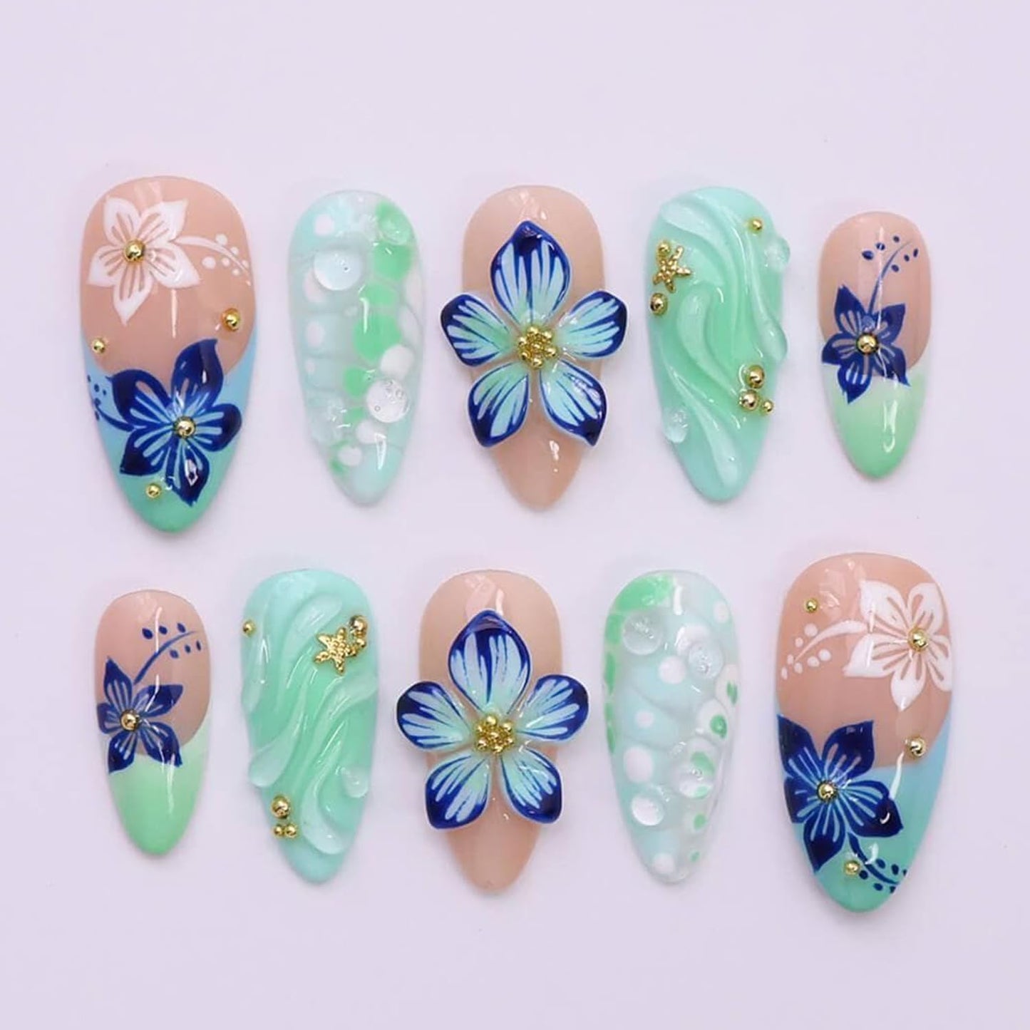 24Pcs Handmade Press on Nails Medium Almond Flower Fake Nails with 3D Gold Bead Starfish Design Spring Summer Acrylic Nails Glossy Green French Tip False Nails Blue White Floral Glue on Nail for Women