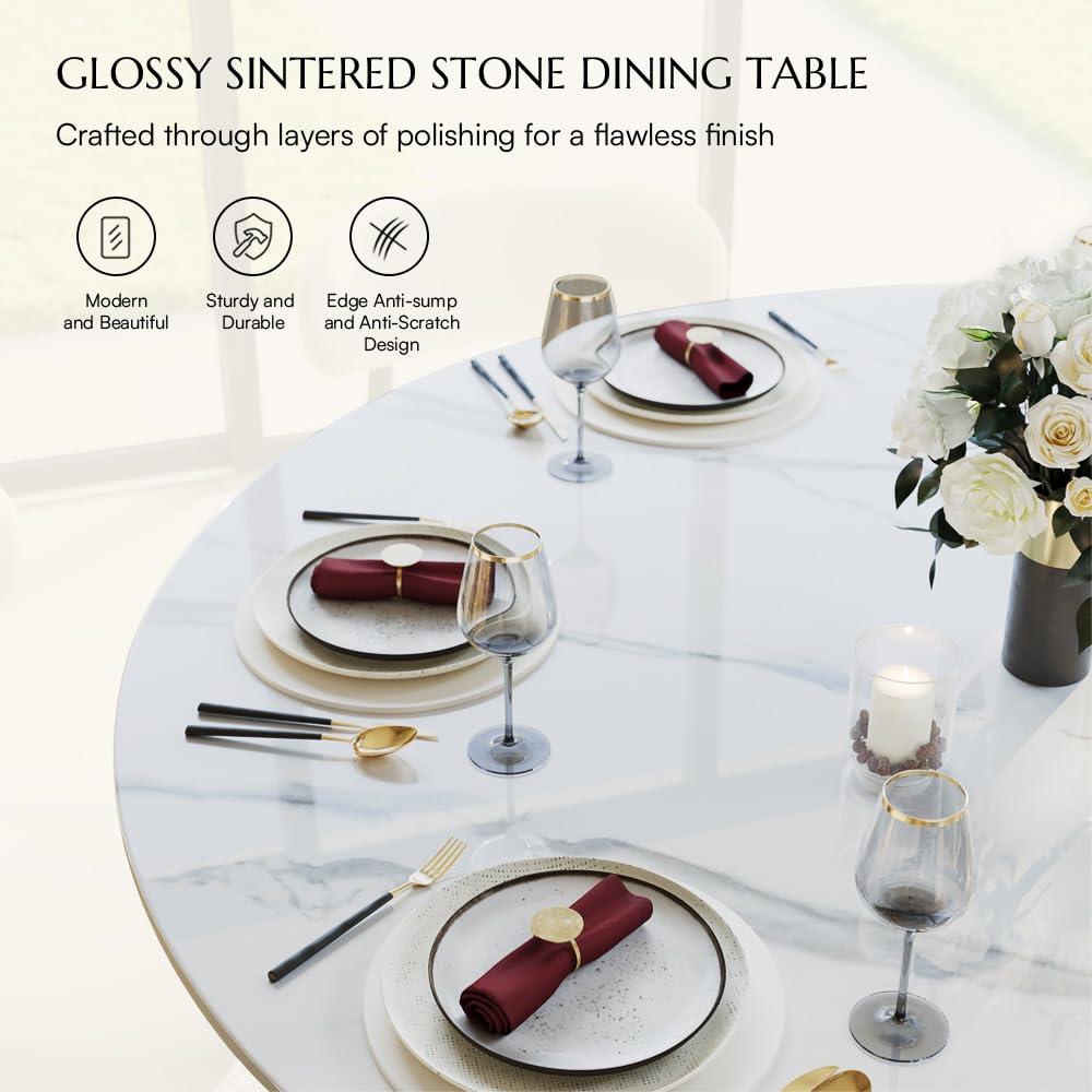 POVISON 51" Modern Dining Table, Glossy White Round Dining Table for 6, Sintered Stone Dining Tabletop with Black X Carbon Steel Base (Table Only)