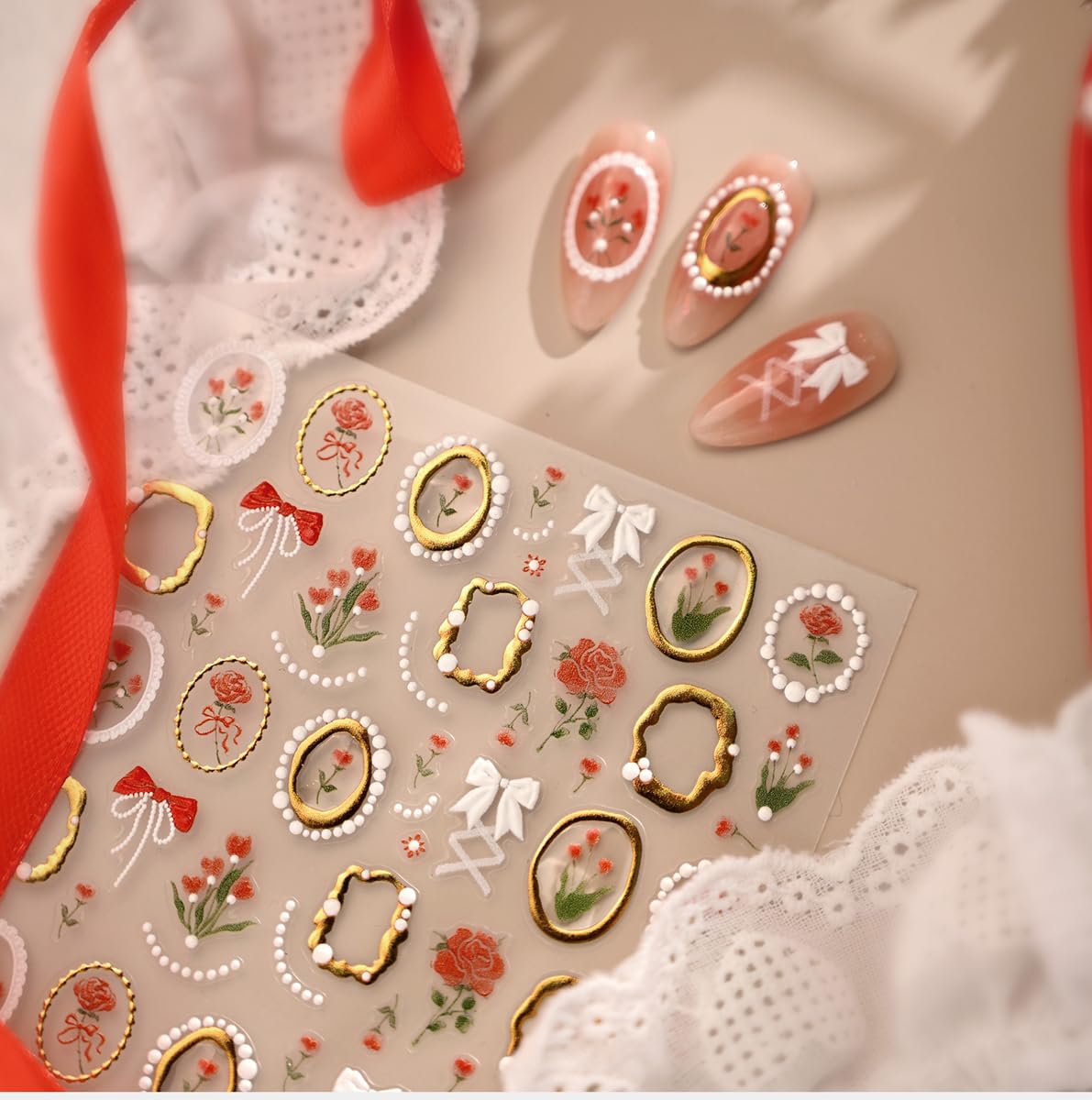 Flower Nail Stickers Tulip Floral Nail Decals with Gold-Trimmed Frames Design,Self-Adhesive Spring Stickers for Natural Acrylic Nails,Easy Apply DIY Manicure Decor for Women Girls 1 Sheet