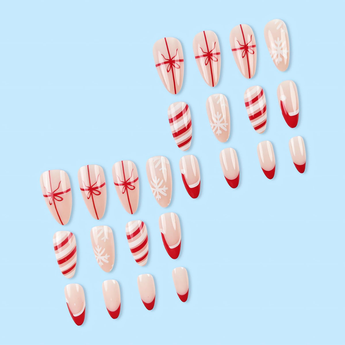 Medium Christmas Press on Nails Almond Shape Fake Nails Red Christmas Hat False Nails French Tip Designs Acrylic Glue on Nail Glossy Full Cover Snowflake Bow Stick on Nails for Women Nail Art 24Pcs