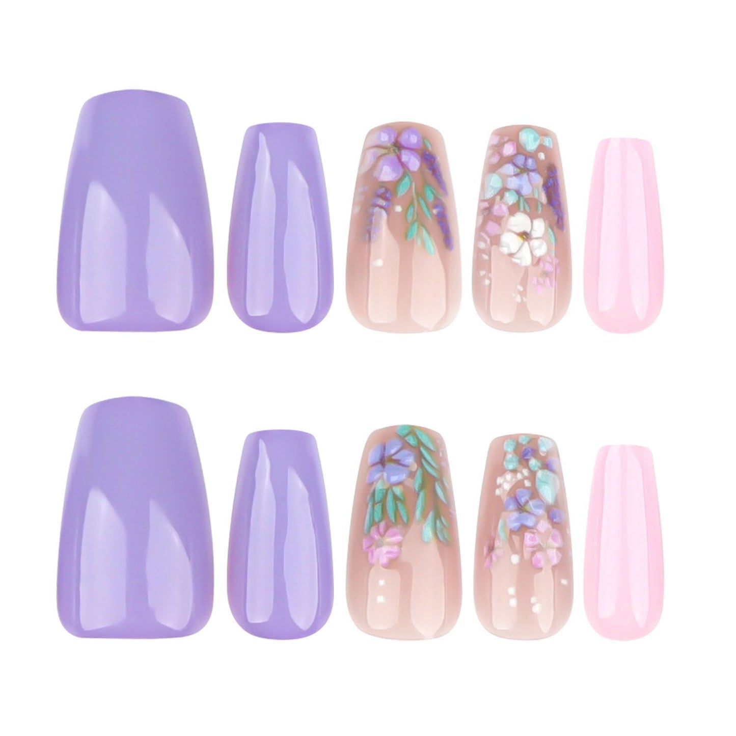 3D Flowers Press on Nails Short Coffin Fake Nails - Purple & Pink Full Cover Acrylic Nails Glossy Full Cover Nails Press ons Summer Stick on Nails for Women 24 Pcs