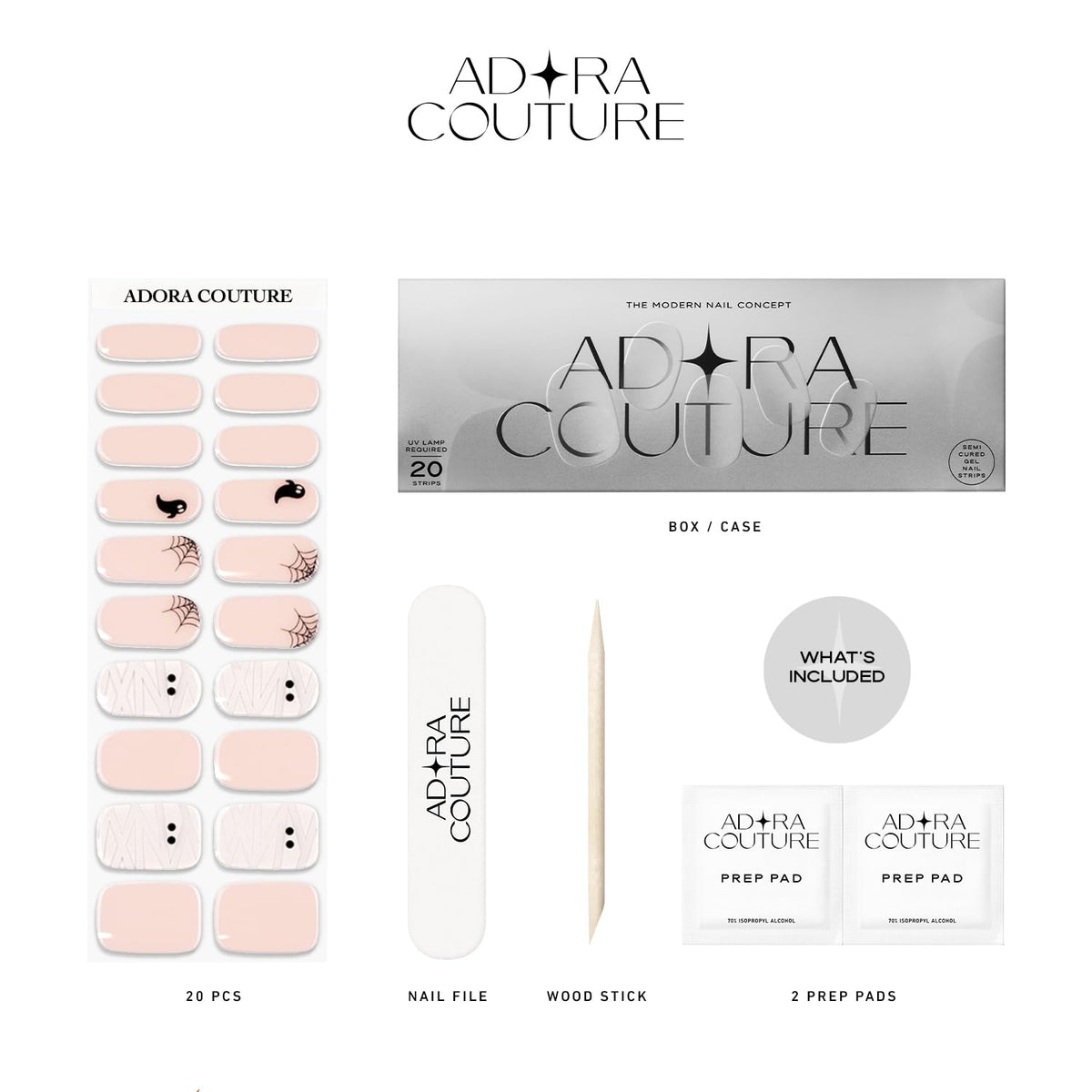 Adora Couture Semi Cured Gel Nail Strips with 20 Pieces - UV Gel Stickers, Manicure Kit, Easy Application Wraps Includes Prep Pads, Nail File, Wooden Stick - UV Light Required (Haunted Hues)